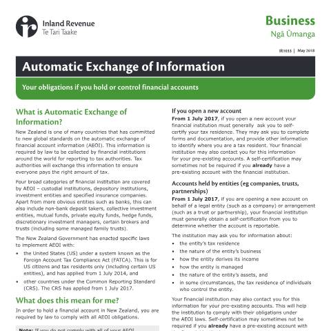 Document preview: Automatic exchange of information — International, New Zealand (CERFA n°IR1033)