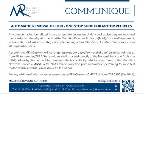Document preview: Automatic Removal of Lien - One Stop Shop for Motor Vehicles (15.09.17) — Document, Mauritius (CERFA n°OneStopShopforMotorVehicles)