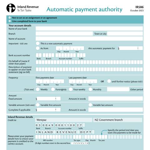 Document preview: Automatic payment authority — Managing my tax, New Zealand (CERFA n°IR586)