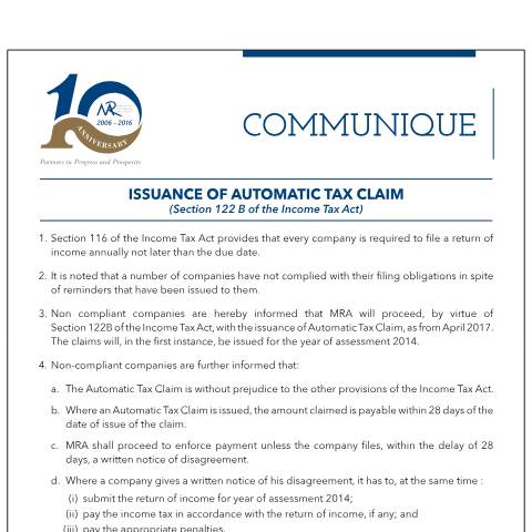Document preview: Issuance of Automatic Tax Claim&nbsp;(28.02.17) — Form, Mauritius (CERFA n°IssuanceofAutomaticTaxClaim)