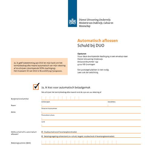 Documentvoorvertoning: Automatisch aflossen schuld bij DUO — DUO — Studentenreisproduct minderjarigen, Nederland