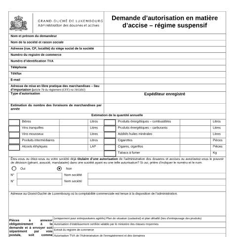 Aperçu du document Autorisation en matière d'accise - régime suspensif - expéditeur enregistré — Import export, Luxembourg (CERFA n°expediteur-enregistre)