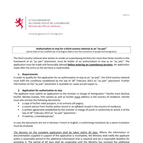 Aperçu du document en Authorisation to stay for a third-country national as an “au pair” — Immigration tiers au pair, Luxembourg (CERFA n°note-explicative-au-pair)