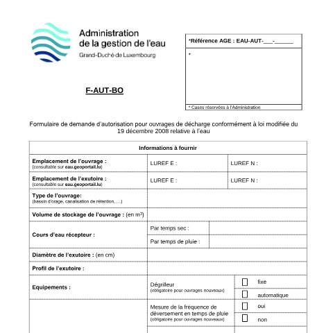 Aperçu du document Autorisation pour bassins d’orage/déversoirs/STEP — Eau, Luxembourg (CERFA n°07-F-AUT-BO)