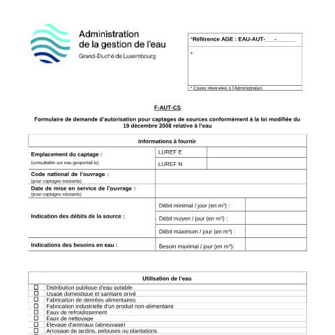 Aperçu du document Autorisation pour captages de sources — Eau, Luxembourg (CERFA n°13-F-AUT-CS)