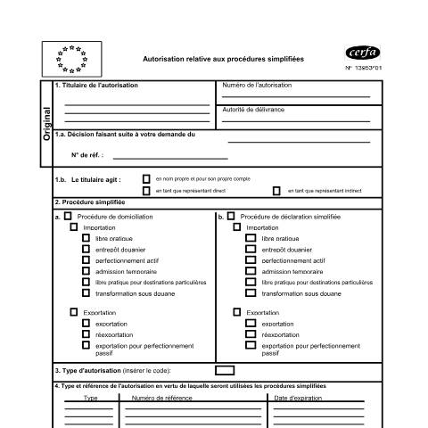 Aperçu du document Autorisation relative aux procédures douanières simplifiées — Professionnels, France (CERFA n°13953*01)