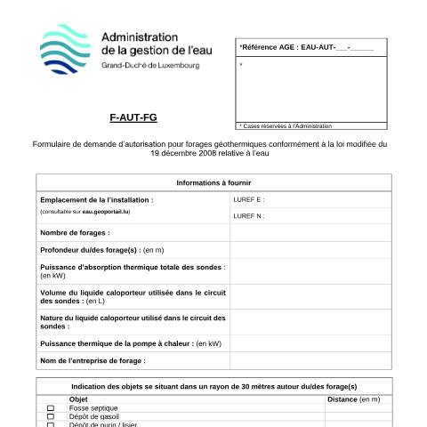Aperçu du document Autorisation pour forages géothermiques — Eau, Luxembourg (CERFA n°11-F-AUT-FG)