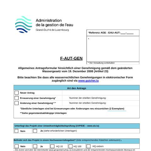 Aperçu du document de Allgemeine Wassergenehmigung — Eau, Luxembourg (CERFA n°02-f-aut-gen)