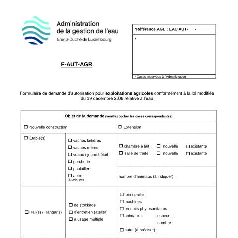 Aperçu du document Autorisation pour infrastructures agricoles — Eau, Luxembourg (CERFA n°03-F-AUT-AGR)