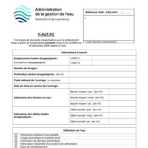 Aperçu du document Autorisation pour prélèvement d’eau de forages / puits existants — Eau, Luxembourg (CERFA n°15-F-AUT-FC)