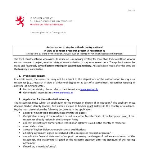 Aperçu du document en Authorisation to stay for a third-country national in view to conduct a research project - Explanatory note — Immigration tiers chercheur, Luxembourg (CERFA n°note-explicative-chercheur)