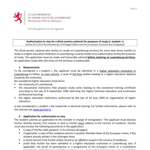 Aperçu du document en Authorisation to stay for a third-country national for purposes of study - Explanatory note — Immigration tiers etudiant, Luxembourg (CERFA n°note-explicative-etudiant)