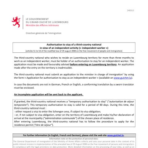 Aperçu du document en Authorisation to stay of a third-country national in view of an independant activity - Explanatory note — Immigration tiers independant, Luxembourg (CERFA n°autorisation-sejour-independant-note)
