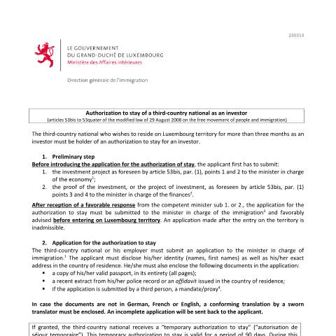Aperçu du document en Authorization to stay for a third-country national as an investor - Explanatory note — Immigration tiers investisseur, Luxembourg (CERFA n°note-explicative-investisseur)