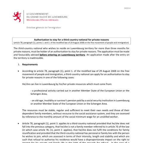 Aperçu du document en Authorisation to stay for a third-country national for private reasons - Explanatory note — Immigration tiers raisons privees, Luxembourg (CERFA n°autorisation-sejour-raisons-privees-note)