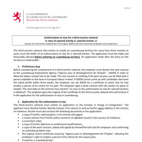 Aperçu du document en Authorisation to stay for a third-country national in view of salaried activity - Explanatory note — Immigration tiers salarie, Luxembourg (CERFA n°note-explicative-salarie)