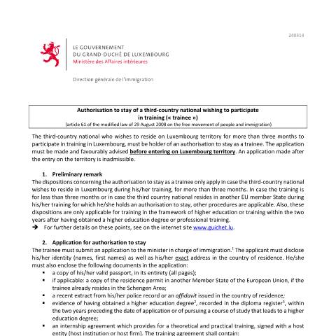 Aperçu du document en Authorisation to stay for a third-country national wishing to participate in training - Explanatory note — Immigration tiers stagiaire, Luxembourg (CERFA n°autorisation-sejour-stagiaire-note)