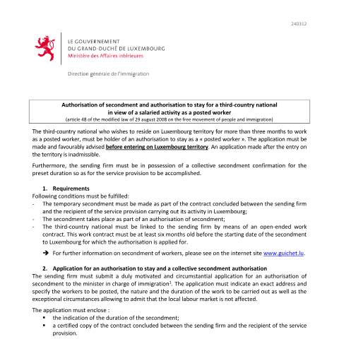 Aperçu du document en Authorisation of secondment and authorisation to stay for a third-country national in view of a salaried activity as a posted worker - explanatory note — Immigration tiers detache, Luxembourg (CERFA n°autorisation-sejour-detache)