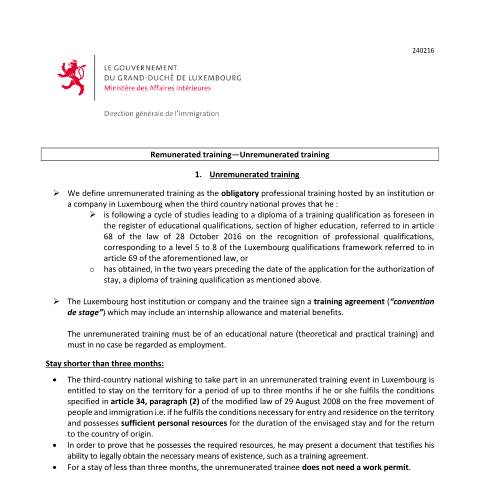 Aperçu du document en Remunerated training-Unremunerated training — Immigration tiers stagiaire, Luxembourg (CERFA n°note-explicative-stagiaire)