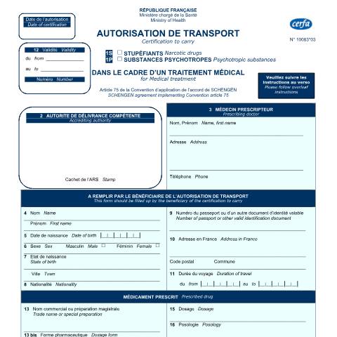 Aperçu du document Autorisation de transport de certains médicaments dans un pays de l'espace Schengen — Particuliers, France (CERFA n°10083*03)