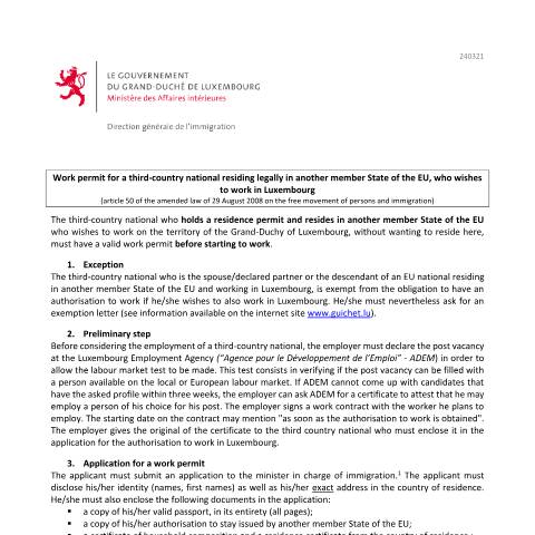 Aperçu du document en Work permit for a third-country national residing legally in another member State of the EU, who wishes to work in Luxembourg - Explanatory note — Immigration tiers frontalier, Luxembourg (CERFA n°autorisation-travail-frontalier-tiers-note)