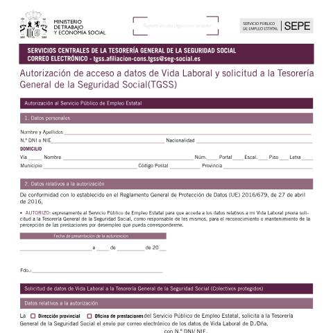 Vista previa del documento Autorización de acceso a datos de vida laboral y solicitud a la Tesorería General de la Seguridad Social (cumplimentable) — Servicio Público de Empleo Estatal (SEPE) — Impresos prestaciones por desempleo, España