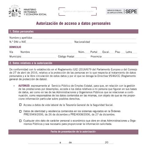 Vista previa del documento Autorización de acceso a datos personales (cumplimentable) — Servicio Público de Empleo Estatal (SEPE) — Impresos prestaciones por desempleo, España