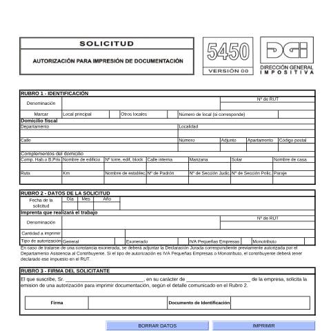 Vista previa del documento Formulario 5450 -Autorización para impresión de documentos — DGI - Formularios, Uruguay (CERFA n°5450)