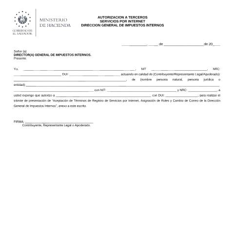 Vista previa del documento Autorización para solicitar Asignación de Opciones especiales de Usuarios para los servicios por Internet — Documento oficial, El Salvador (CERFA n°PMHDC8210)