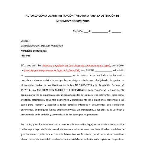 Vista previa del documento AUTORIZACIÓN PARA LA OBTENCIÓN DE INFORMES Y DOCUMENTOS — Registro De Exportación, Paraguay