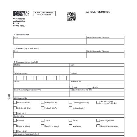 Document preview: Autoveroilmoitus (1200) — Autoveroilmoitus (1200), Suomi (CERFA n°Vero 1200)