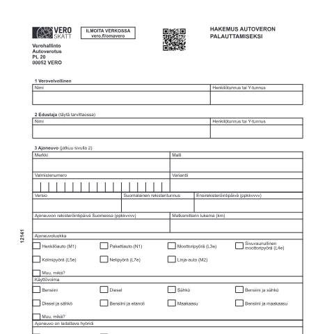 Document preview: Hakemus autoveron palauttamiseksi (1214) — Hakemus autoveron palauttamiseksi (1214), Suomi (CERFA n°Vero 1214)