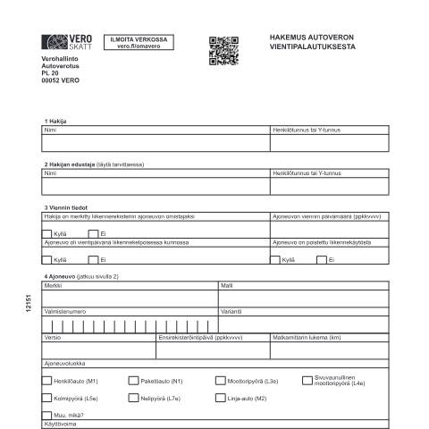 Document preview: Hakemus autoverotuksen vientipalautuksesta (1215) — Hakemus autoverotuksen vientipalautuksesta (1215), Suomi (CERFA n°Vero 1215)