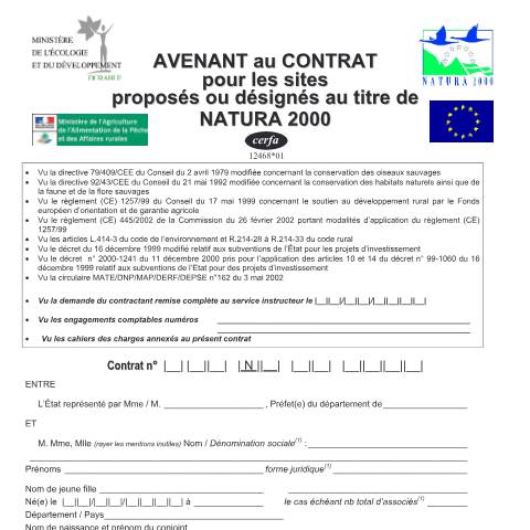 Aperçu du document Avenant au contrat pour les sites proposés ou désignés au titre de Natura 2000 — Professionnels, France (CERFA n°12468*01)