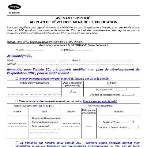 Aperçu du document Avenant simplifié au plan de développement de l'exploitation (PDE) — Professionnels, France (CERFA n°14976*01)