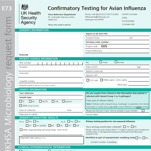 Document preview: Avian influenza: confirmatory testing request form — UK Health Security Agency, United Kingdom