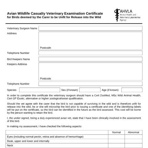 Document preview: Avian wildlife: casualty veterinary examination certificate — Animal and Plant Health Agency, United Kingdom