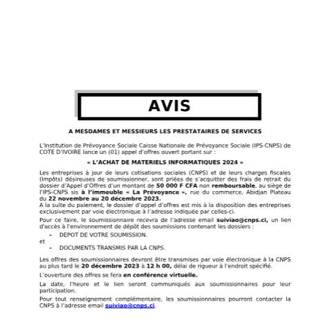 Aperçu du document AVIS AO MATERIEL INFORMATIQUES 2024 — Document CNPS (prévoyance sociale), Côte d'Ivoire