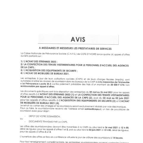 Aperçu du document AVIS APPELS D’OFFRES — Document CNPS (prévoyance sociale), Côte d'Ivoire