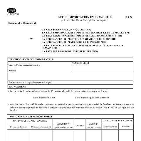Aperçu du document Avis d'importation en franchise de TVA — Professionnels, France (CERFA n°10987*01)