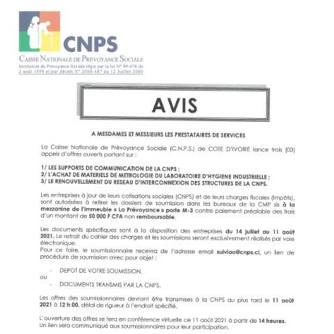 Aperçu du document AVIS DE PARUTION DU 14 JUILLET 2021 — Document CNPS (prévoyance sociale), Côte d'Ivoire