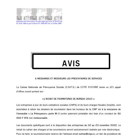 Aperçu du document AVIS DE PARUTION DE BUREAU 2023 — Document CNPS (prévoyance sociale), Côte d'Ivoire