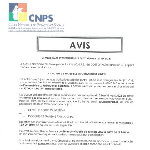Aperçu du document AVIS DE PARUTION MATERIELS INFORMATIQUES 2022 — Document CNPS (prévoyance sociale), Côte d'Ivoire