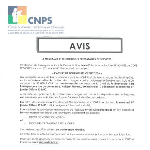Aperçu du document AVIS DE PARUTION OFFSET 2026 (VF) — Document CNPS (prévoyance sociale), Côte d'Ivoire