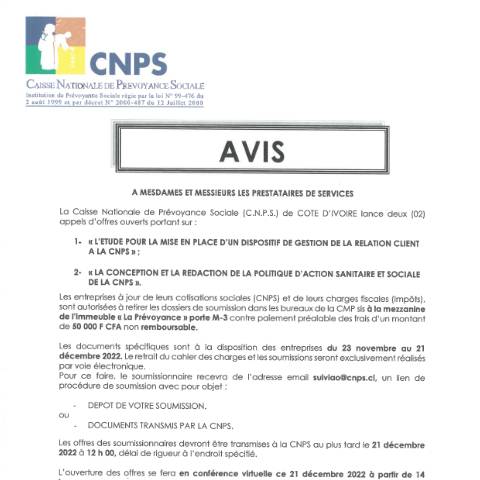 Aperçu du document AVIS DISPO GESTION ET CONCEPTI — Document CNPS (prévoyance sociale), Côte d'Ivoire