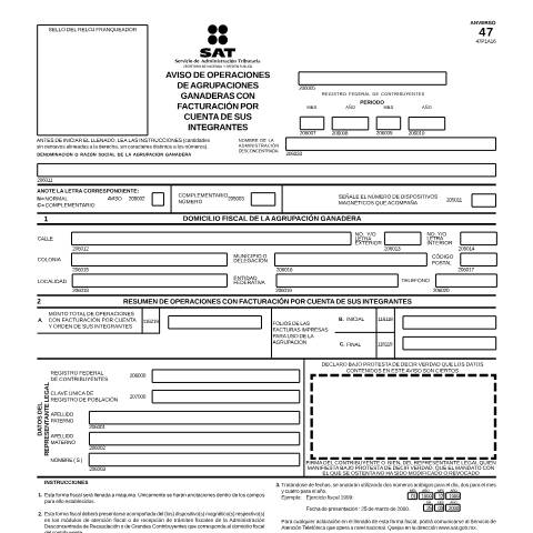 Vista previa del documento Aviso de operaciones de agrupaciones ganaderas con facturación por cuenta de sus integrantes.Esta forma es de libre impresión. — Ley del Impuesto Sobre la Renta (ISR), México (CERFA n°47)