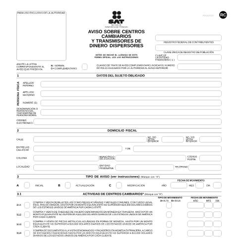Vista previa del documento Aviso sobre centros cambiarios y transmisores de dinero dispersores. Esta forma es de libre impresión. — Código Fiscal de la Federación (CFF), México (CERFA n°RC Versión editable  RC​)