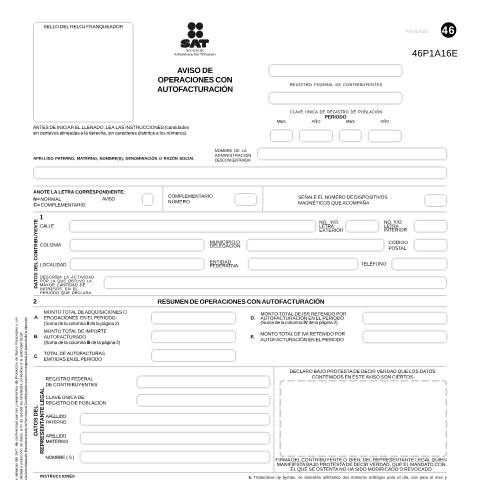 Vista previa del documento Aviso de operaciones con autofacturación.Esta forma es de libre impresión. — Ley del Impuesto Sobre la Renta (ISR), México (CERFA n°46)
