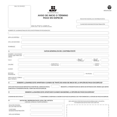 Vista previa del documento Aviso de inicio o término. Pago en especie. Esta forma es de libre impresión. — Ley del Impuesto Sobre la Renta (ISR), México (CERFA n°HDA-1)