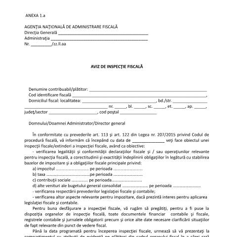 Document preview: Aviz de inspecție fiscală (OPANAF 3711/2015) — Documente emise, România (CERFA n°O3711_15_A1)